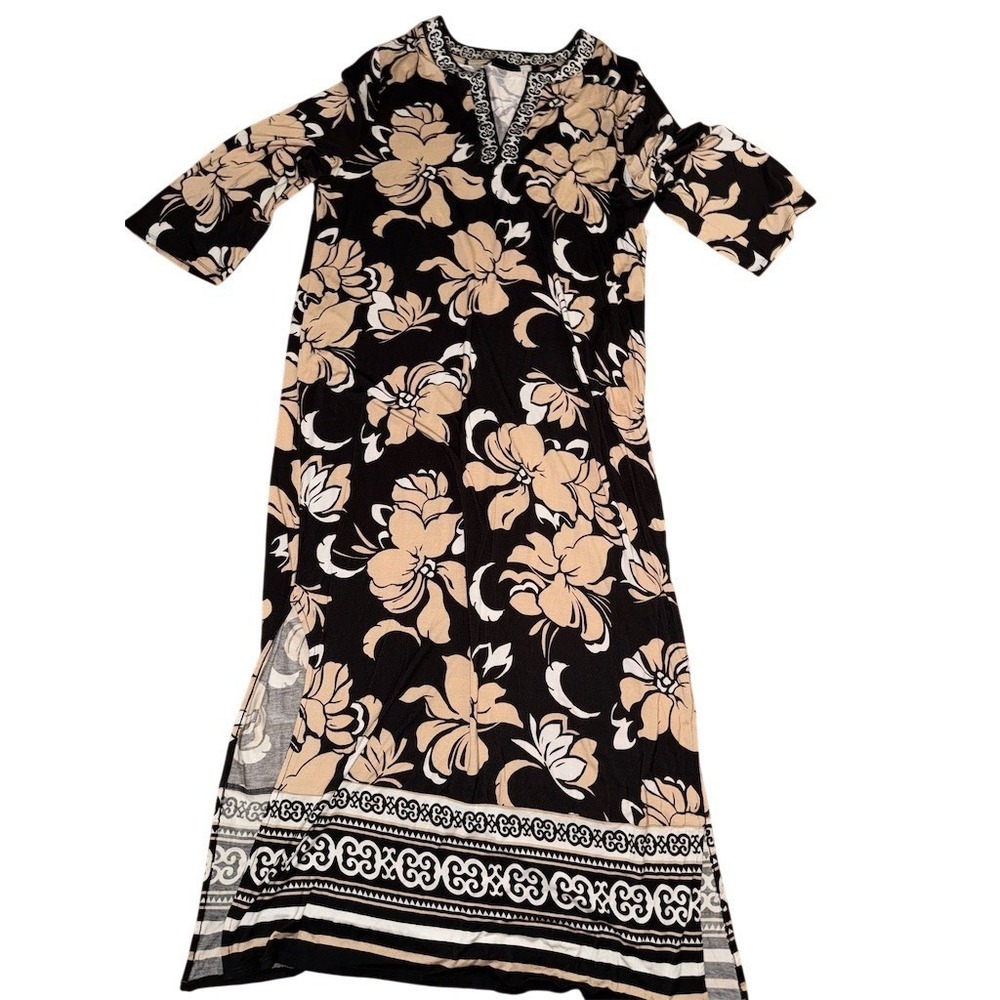 Soft Surroundings Sedona Maxi Dress Womens XL Black Tan Ivory Floral old money - Picture 3 of 7